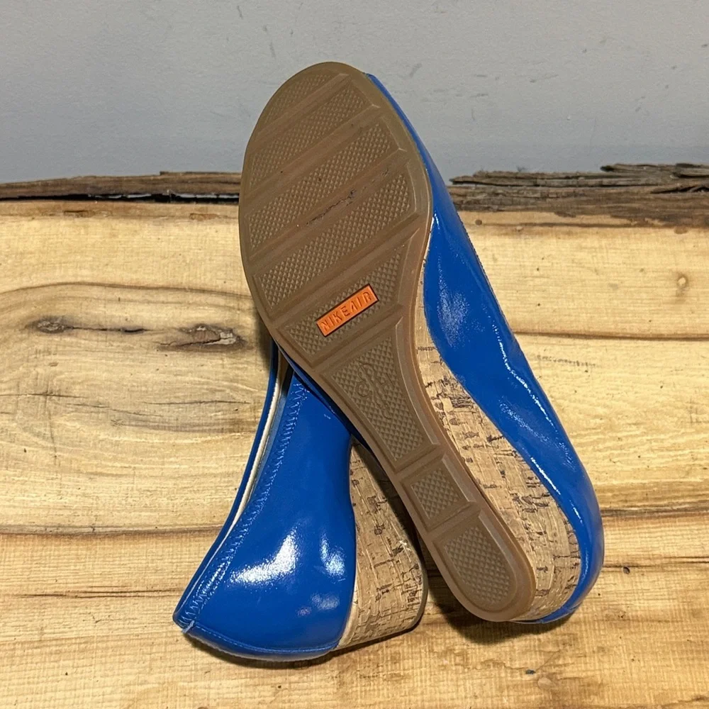 Cole Haan Nike Air Blue Patent Leather Peep‎ Toe Cork Wedges Sz 6B A34